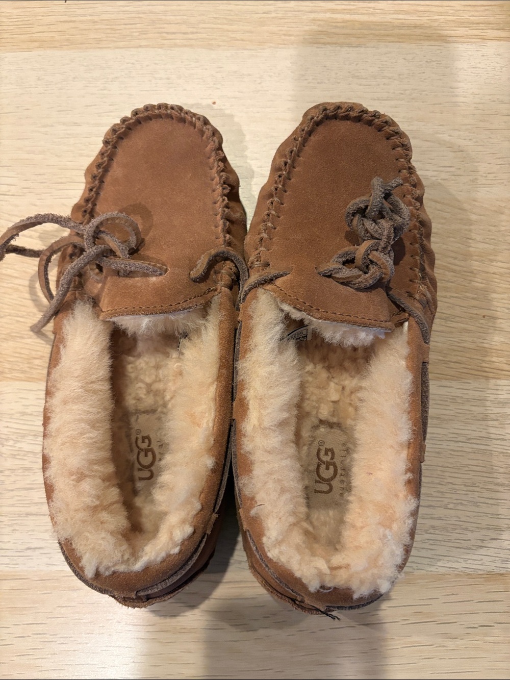 UGG Kids Chestnut Brown Suede Moccasin Slippers with Shearling